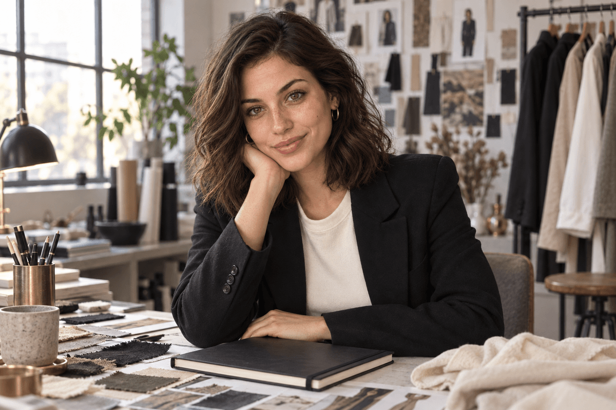 Mia, a virtual Mate, sitting in a creative studio